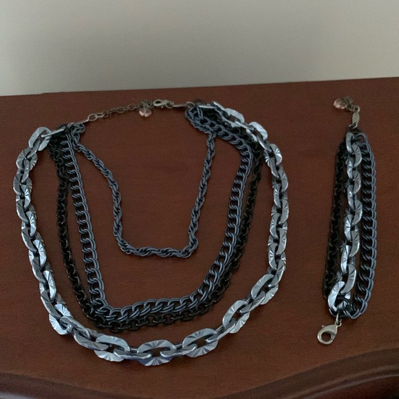 Sabika gun metal silver and black multi chain necklace and bracelet set - Picture 1 of 3
